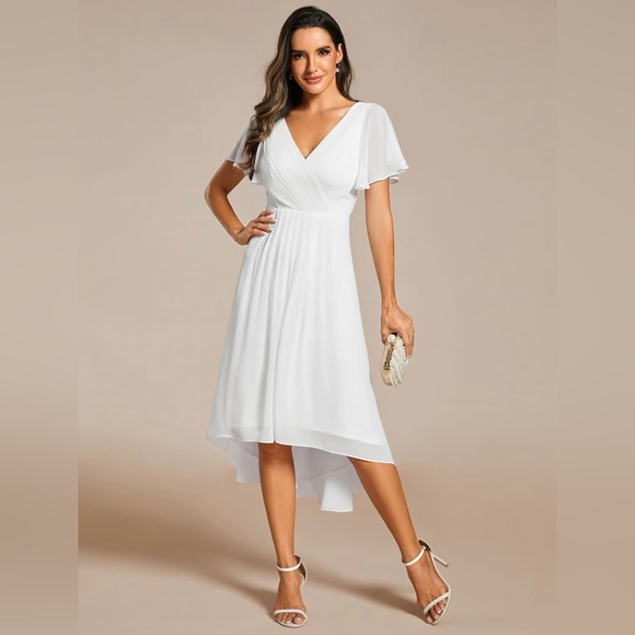 Women’s Chiffon V-Neck Dress in White - Picture 2 of 5